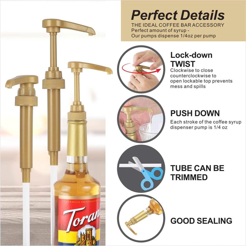 Kinfira 6 Pcs Coffee Syrup Pump Dispenser - Premium Skinny Syrup Pumps Fit for 25.4oz Torani Davinci Syrup Bottles (Gold) - Image 4
